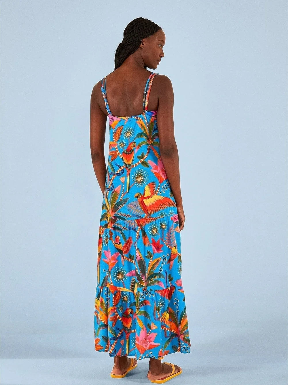 FARM Rio Blue MACAW PARTY Tropical Maxi Coverup with Multicolor Floral Print M